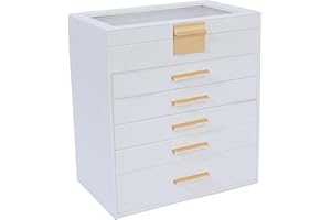 BOOVO Jewelry Box for Women, Black 6 Layer Large Jewelry Organizer with Glass Lid for Necklace, Bracelet, Earrings, Rings Storage, Jewelry Organizers and Storage for Womens Gift (Clear White, 6 layer)