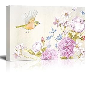 Canvas Wall Art - Bird Flying to Flowers - Giclee Print Gallery Wrap Modern Home Art Ready to Hang - 12x18 inches