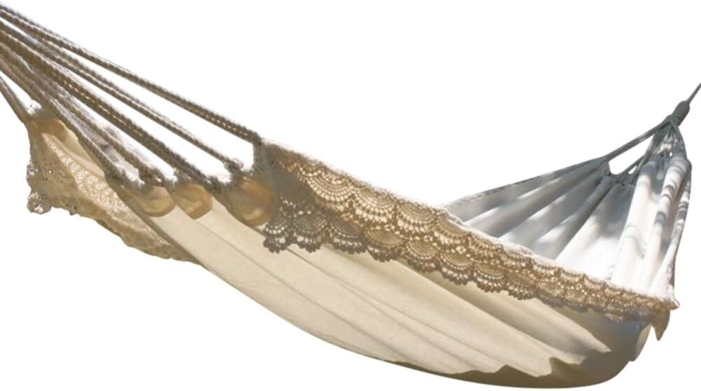 Smartbot White Beige Cotton Fabric Canvas Hammock Chair White Crochet Fringe Macramé Bohemian Camping