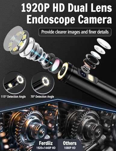 Dual-Lens Ferdiiz Endoscope Inspection Camera, 1920P HD Borescope Camera, 32.8ft Semi-Rigid Snake Endoscope, IP67 Waterproof Drain Pipe 8 Adjustable LEDs Borescope, Man's Gadgets Tool, iOS9+ Android6+