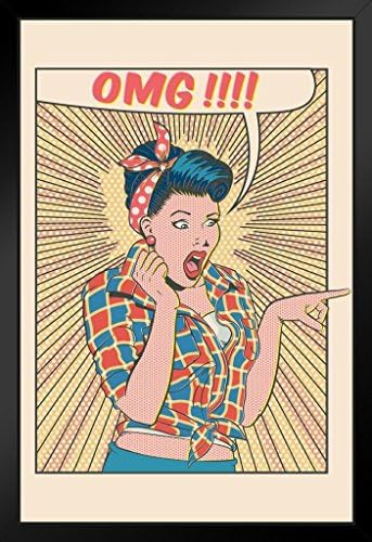 Oh My God Omg 面白いイラスト 漫画 アートプリント ブラック 木製フレームポスター 14x