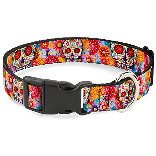 Buckle-Down Plastic Clip Collar - Sugar Skull Starburst White/Multi Color - 1" Wide - Fits 15-26" Neck - Large