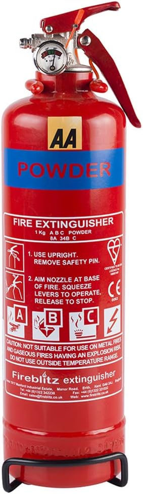 AA 1kg Fire Extinguisher AA6653 - Uses ABC Powder Small Fires - Lightweight Easy Use UK Made 5 Yr Warranty, 1000 g, Red