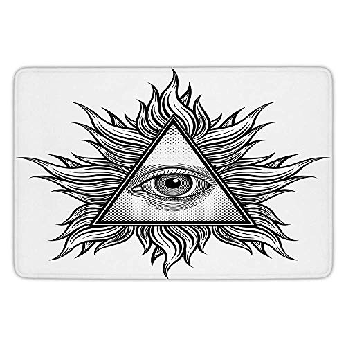 Bathroom Bath Rug Kitchen Floor Mat Carpet,Eye,Triangle Shape with Wavy Figures and All Seeing Eye Tattoo Style Spiritual Masonic Decorative,Black and White,Flannel Microfiber Non-Slip Soft Absorbent