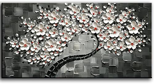KateHome PHOTOSTUDIOS 100x50cm Oil Paintings White Flowers Grey Oil Paintings on Canvas Hand Painted Artwork Floral Wall Art Home Decor for Living Room Dining Room Bedroom