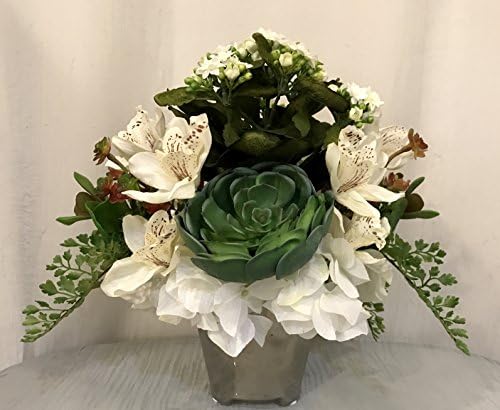 Artificial Kalanchoe, Orchid and Succulent Plant Arrangement in Silver Ceramic Vase, White and Green, Office Home Decor Plant, Handcrafted at the Floral Mart