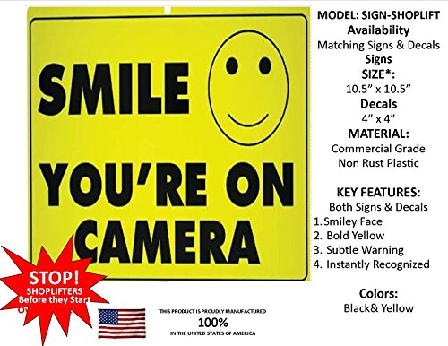 Video | Alarm | SHOPTLIFTER | Trespass | System Warning Signs & Decals | Home | Business | Live & Recorded Internet Monitoring | Surveillance | CCTV (#108-SMILE, Sign- 1EA, 108 Smile)