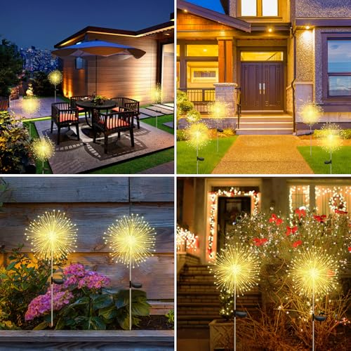 CNMTCCO Solar Feuerwerk Gartenlichter, Solar Garten Dekorative Lichter mit 120 LED Warmweiß Solarstecker Gartenleuchten für Hinterhof Weg Rasen Terrasse (2 Stück warmweiß)