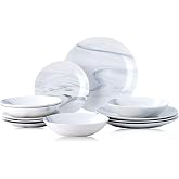 Bestone 12-Piece Round Kitchen Dinnerware Set, Plates, Bowls, Service for 4, Blue and White Marble