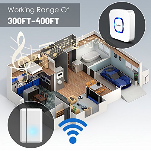 Coolqiya Door Sensor Alarm Wireless Busniess Entry Alert System for Home Security, Operating Range 400FT With 52 Chimes 4 Volume Levels, 1 Door Sensor + 1 Plugin Receiver