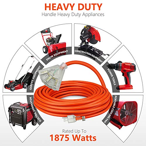 Kasonic 50 Feet 3 Outlet 12/3 SJTW Outdoor Extension Cord - UL Listed; 15Amp 125V 1875 Watts; Heavy Duty; Red Glow Indicates; Power-On Series (Orange)