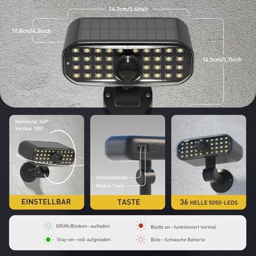 2 Unità di Lampade Solari Esterne a Parete, con Detector di Movimento, Lampade Esterne LED Impermeabili IP65, Lampade di Sicurezza Solari con 3 Modalità, Adatte ai Giardini