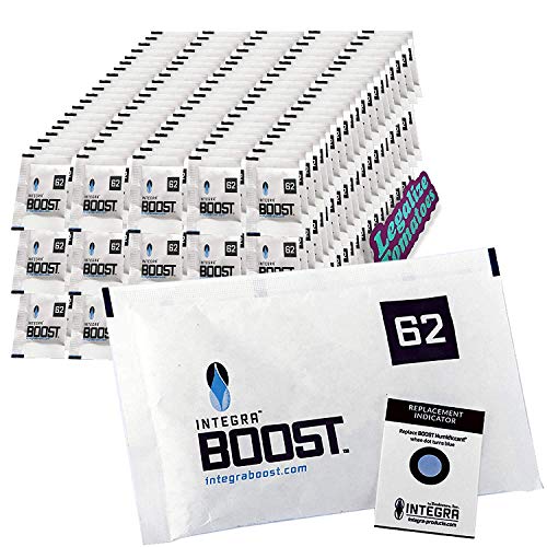 Integra Boost 67g 62% Percent 100 Pack for Humidity Control- Premium Humidifier Packets Preserve Herb Smell. Moisture Curing Gel Packs for Cigar, Humidor and Cannador. Free Legalize Tomatoes Sticker