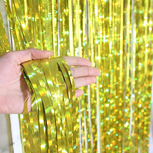 pozzolanas 4 Pack Foil Fringe Curtain Metallic Tinsel Shimmer Party Photo Backdrop Curtains for Birthday, Engagement, Baby Shower, Weddings Party and Celebrations Backdrop Decorations(Gold)