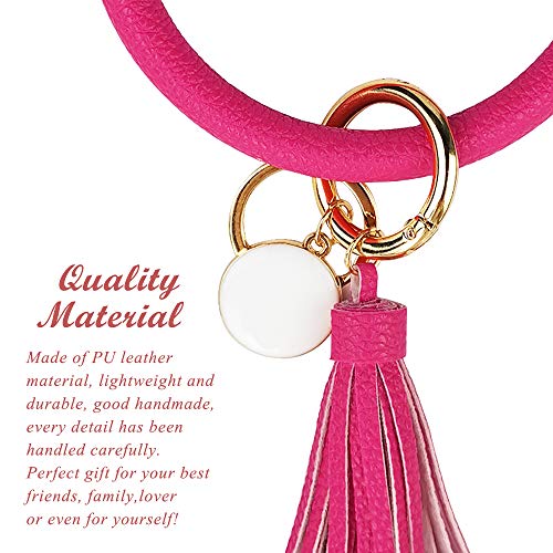 Leather Bracelet Key Ring Bangle Keyring, Tassel Ring Circle Key Ring Keychain Wristlet for Women Girls - Free Your Hands (Rose Red)