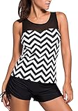 Dearlovers Women Zigzag Print Mesh Splice Racerback 2pcs Tankini Swimsuit Large Size Black White