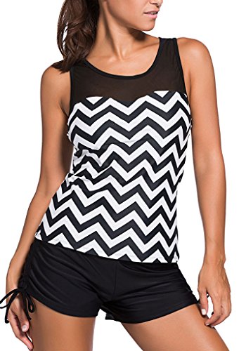 Dearlovers Women Zigzag Print Mesh Splice Racerback 2pcs Tankini Swimsuit Large Size Black White