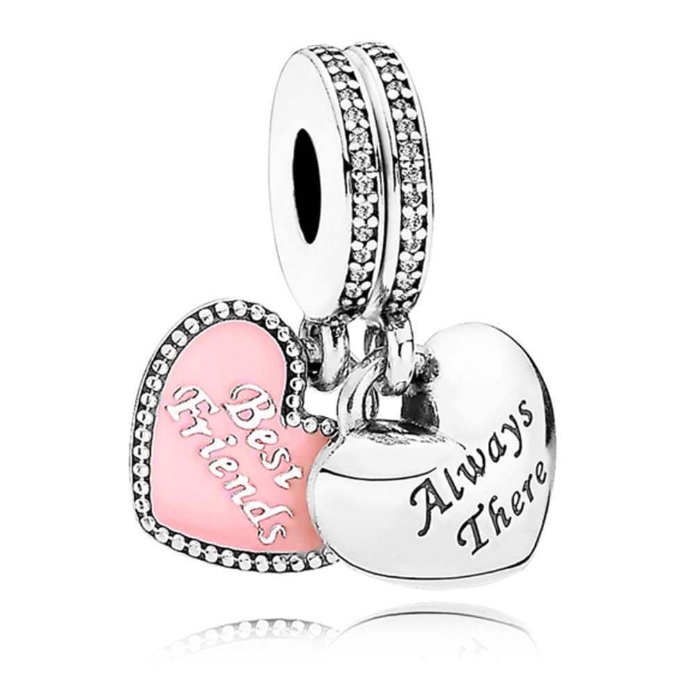 FGT S925 Best Friends Friendship Bestie Dangle Charm Pink Heart Birthday Charms fit Pandora Bracelets Gift for Women Sterling Silver