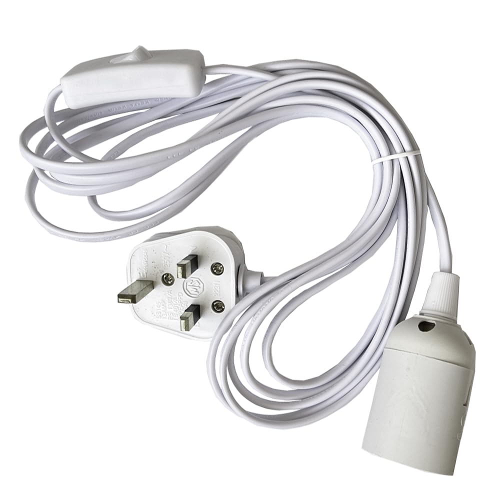 E27 Pendant Light Ceiling Lighting Fitting 4M, E27 Lamp Holder with Switch, Suspended Pendant Light Fitting Kit, 2 Core Textile Cable UK Plug (White).