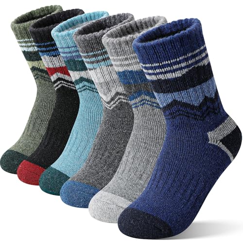 EBMORE Kids Merino Wool Hiking Socks Thermal Winter Warm Thick Boys Toddlers Girls Cushion Crew Socks 6 Pairs