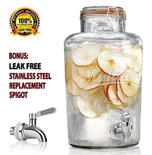 Durable Glass Beverage Drink Dispenser with Locking Clamp Lid - 2 Gallon - Stainless Steel Leak Free Spigot Included - Home Bar & Party Thick Glass Jug Centerpiece - Nantucket
