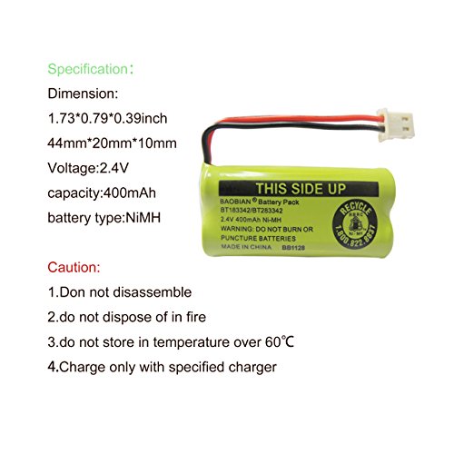 BAOBIAN 2.4V 400mAh Cordless Home Phone Battery for AT&T BT162342 BT-162342 BT166342 BT-166342 BT266342 BT-266342 BT183342 BT-183342 BT283342 BT-283342 VTech CS6329 CS6114 CS6419(Pack of 2)