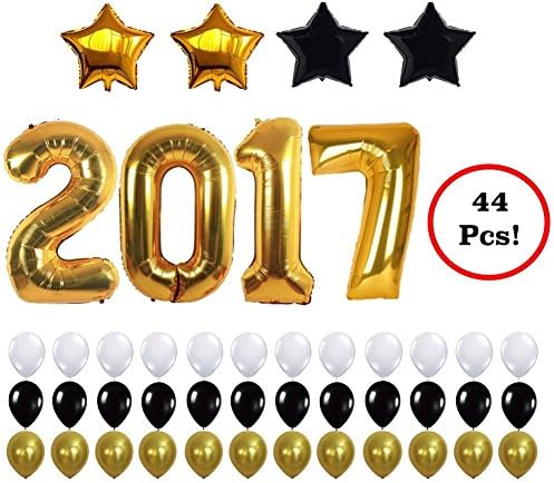 2017 Balloons Party Decorations White, Black, Gold - Graduation, Birthday, Wedding, Event Supplies - Mylar Latex - 44 Piece Set