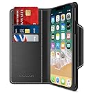 Maxboost iPhone X Wallet Case [Folio Style] [Stand Feature] mWallet Series for Apple iPhone X (2017) [Black] Protective Credit Card Leather Flip Cover [Card Slot + Side Pocket] Magnetic Closure