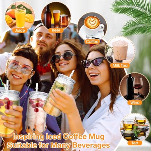 Mason Jars with Lids and Straws, 16oz Clear PC Plastic Drinking Tumblers, 6 Pack Reusable Cups for Iced Coffee Water Juice Milk Wedding Party Kitchen Table top Beverage Drinkware