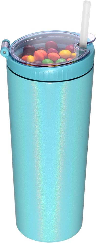 Snack tumbler with lid and straw, stainless steel insulated 2-in-1 travel coffee mug, water bottle with snack cup (Glitter Aqua, 22 OZ)