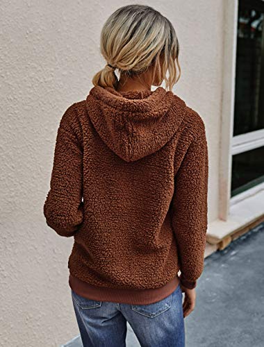 KIRUNDO WOMEN’S 2025 WINTER FUZZY FLEECE HOODIES SWEATSHIRTS CASUAL LONG SLEEVES SHAGGY SHERPA PULLOVER WITH POCKETS(SMALL, BROWN)