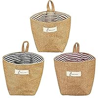 LUFOX 3 Pcs Mini Hanging Storage Bag Cotton Linen Small Storage Basket Decor Bin Bag for Wall Door Closet