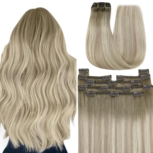 YoungSee 150g Clip in Extensions Echthaar Ombre 50 cm Echthaar Extensions Clip Aschblond Ombre Platinblond Remy Hair Extension Clips Invisible Dickes