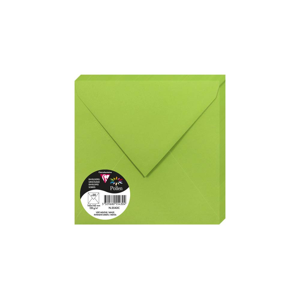 Clairefontaine 5543C Pack of 20 Gummed Envelopes Square Format 16.5x16.5cm 120g/m² Intensive Green Invitation Events Correspondence Pollen Range Premium Paper — image 1