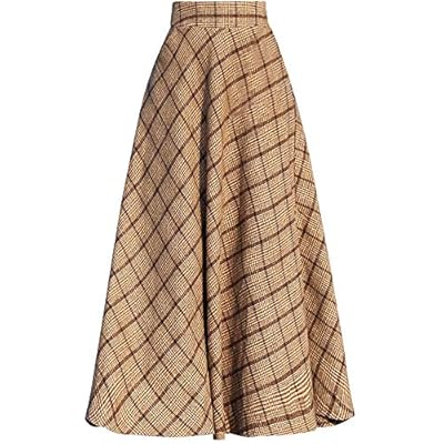 Women Plaid High Wasit Woolen Winter High Waist Long Skirts Khaki