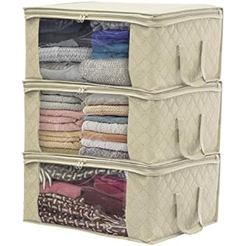 Sorbus Foldable Storage Bag Organizers, Large Clear Window & Carry Handles, for Clothes, Blankets, Closets, Bedrooms, and More (3 Pack, Beige), 1 Section