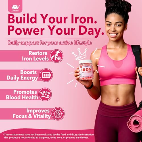 Iron Gummies for Women 25mg Plus Vitamin C, Beet Root, Vitamin B12, Folate for Iron Deficiency, Anemia, Energy Boost, Sugar Free Iron Supplement, Non-Constipating, No After Taste, 60 Cts