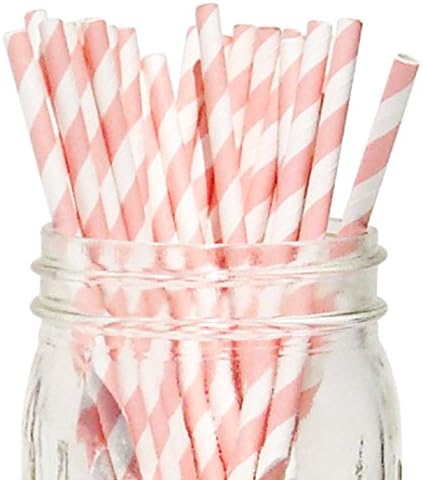 Light Pink/White Stripe Set of 100 Count Size 7 3/4 inch Stripe Design Paper Drinking Straw Baking Sticks Cake Pop Sticks For Cake Pops Lollipops Crafts Cupcake Toppers Rock Candy and Brownie Pops