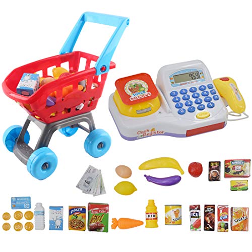 deAO Cash Register Electronic Calculator and Shopping Cart Playset Supermarket Accessories Play Food and Play Money Included