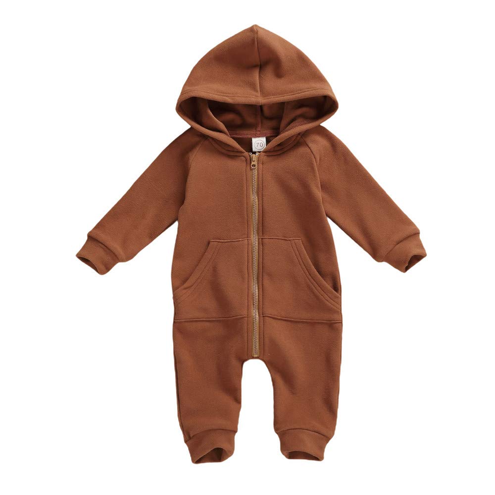 Photo 1 of FYBITBO Infant Baby Boys Girls Clothing Zipper Hooded Jumpsuit Romper Long Sleeve Onesie Fall Winter Outfit Warm Clothes (A Coffee,6-12 Months)