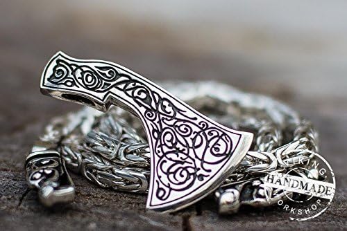 Set of Square Sterling Silver Viking Chain with Wolf Tips and Axe Pendant with Floral Ornament