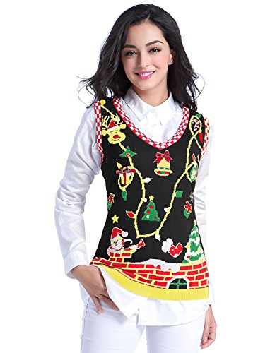 v28 Ugly Christmas Sweater, Women Girl Cute Vintage Knit Xmas Pulli Sweater Vest (M, Black)