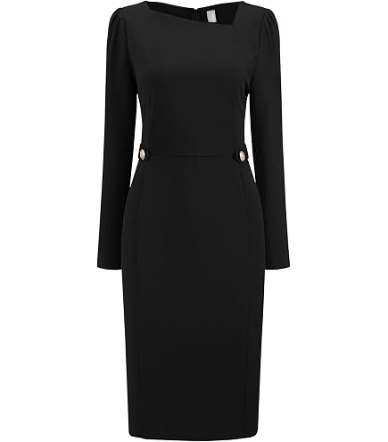 Hobemty Women's A Line Work Dress Long Sleeve Asymmetrical Neckline Office Flare Dresses Small Black at Amazon Women's Clothing store