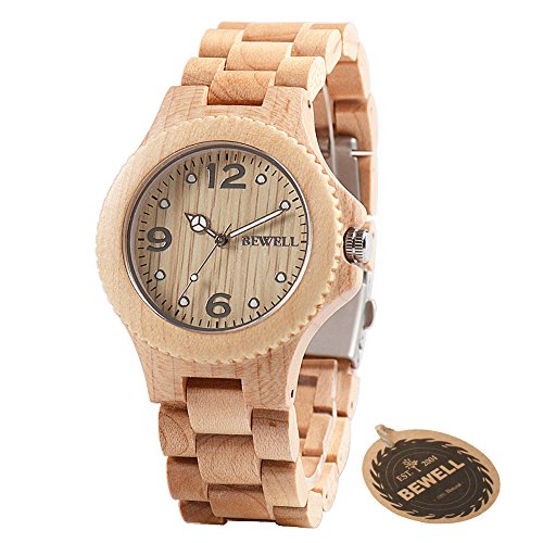 Bewell Women Men Natural Wooden Watch, Fashion Analog Quartz Unisex Wood Wrist Watch with Luminous Pointer Arabic Numerals Dial Japanese Quartz Movement Casual Wood Watch Ladies Bracelet Watch W038A