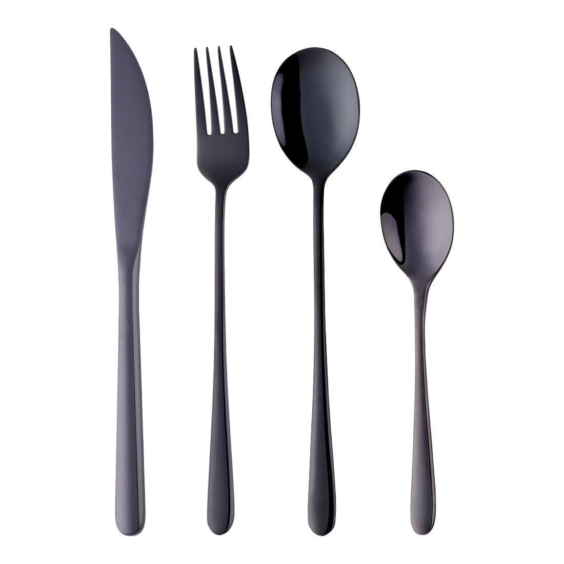 4-Pieces Black Camping Cutlery Set (Steak Knife, Table Fork, Long Spoon and Teaspoon) 304 Stainless Steel 18/10, Use for Home, Restaurant, Travel