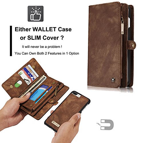 TOPWOOZU iPhone 7Plus Wallet Case, Zipper Wallet Leather Detachable Magnetic Removable Case Purse Clutch Back Flip Credit Card Holder Cover Case for iPhone 7Plus/7Pro 5.5inch