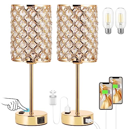 Photo 1 of Touch Control Crystal Table Lamp-Dimmable Nightstand Lamp with USB-C+A & AC Charging Ports, 3-Way USB Gold Lamp, Bedside Desk Light for Bedroom Living Room Home Office(Bulb Included & Set of 2)