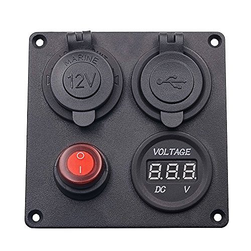 TURN RAISE Dual USB Charger Aluminum Switch Panel + LED Voltmeter + 12V Power Socket + ON-Off Button Switch Four Hole Panel for Car Boat Marine Truck Motorcycle RV ATV Vehicles GPS Mobile Phone