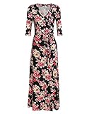 Meaneor Women V Neck Wrap Tie Waist Maxi Dress 3/4 Sleeve Floral Full Long Dress