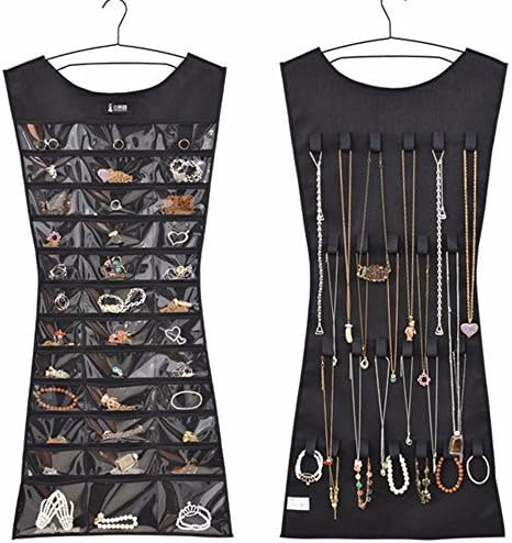 MyshineStyle Dress Womens Jewelry Hanging Organizer 24 Hooks Necklace Hairband Accessories Bags Holder Hanger with 39 PVC Pockets(B-Black)